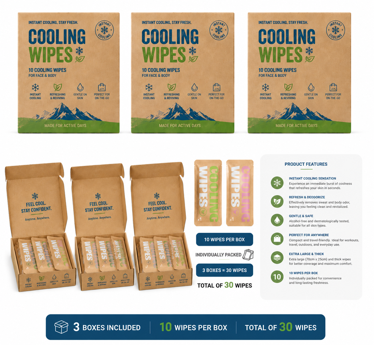 Cooling Wipes 3-Pack Bundle – Instant Cooling Relief for Hot Days, Travel & Gym